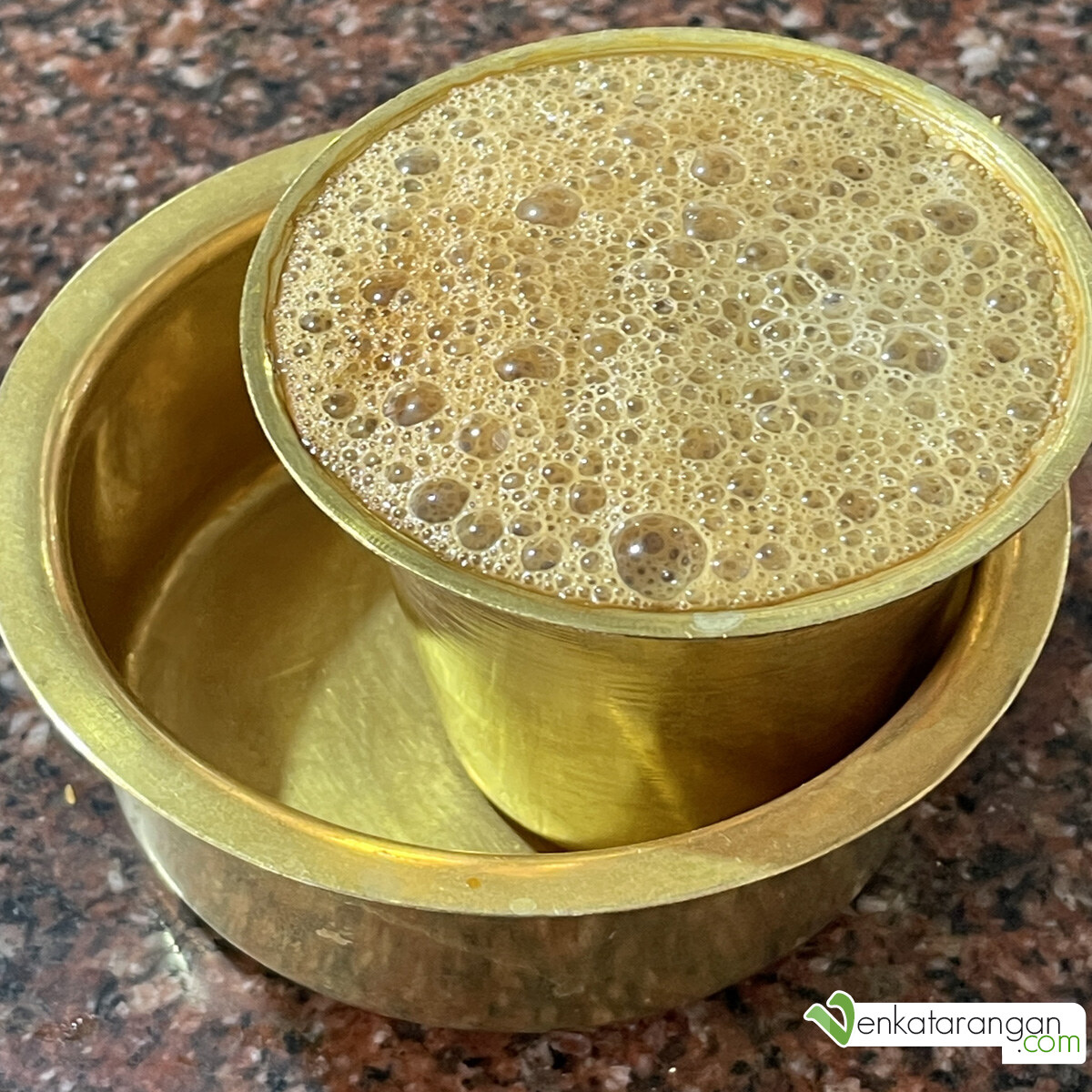 Strong Madras filter coffee served in a Brass Dabara Set 