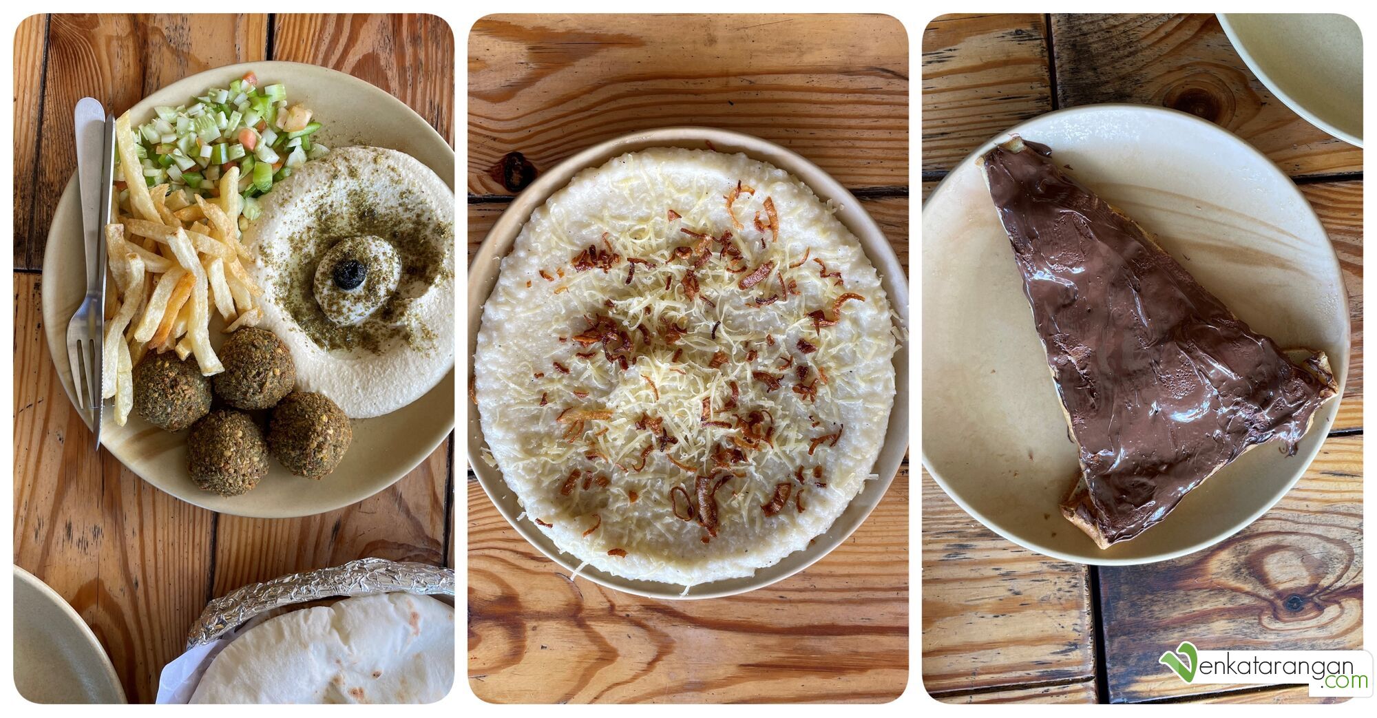 Hummus, Veg Falafel and Pita Bread; Mashed Potatoes and Nutella banana pancake