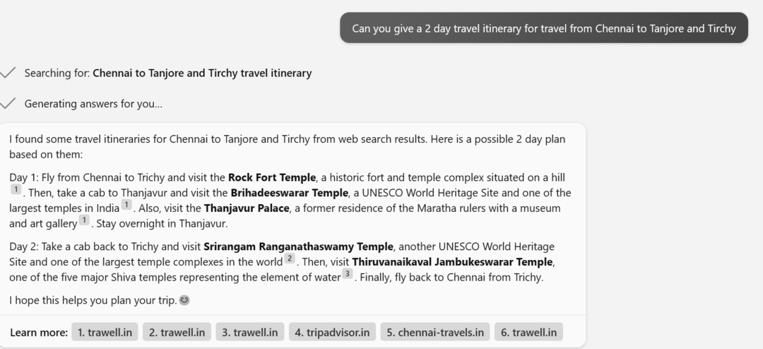 Output from Bing Chat for a travel itinerary 