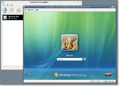 Screenshot showing Sun's Free Virtual Box running Vista as guest in a Linux Host