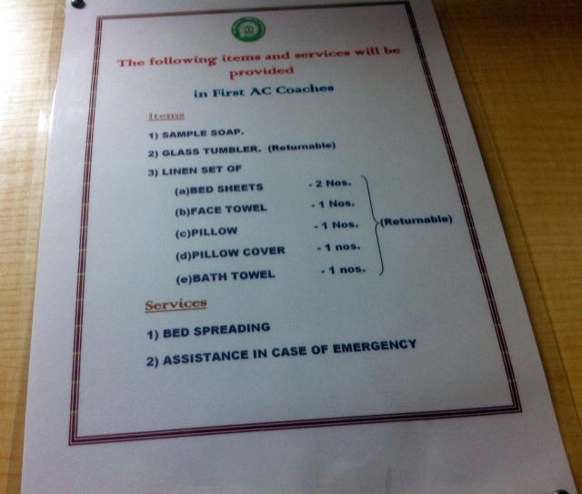 List of items & services in First AC Coaches