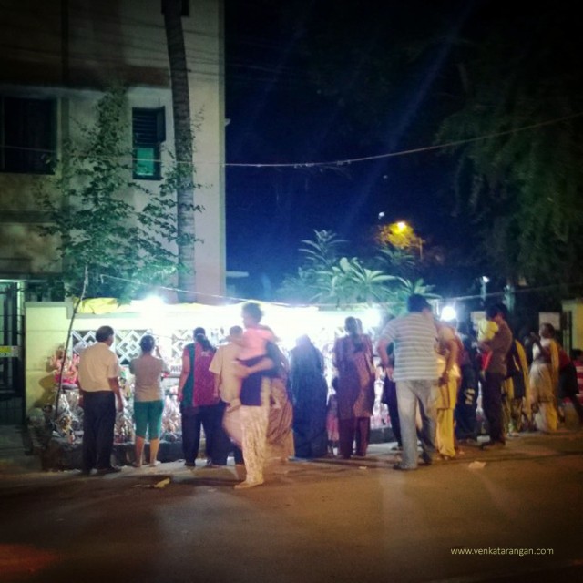 Shops in pavement selling Golu idols