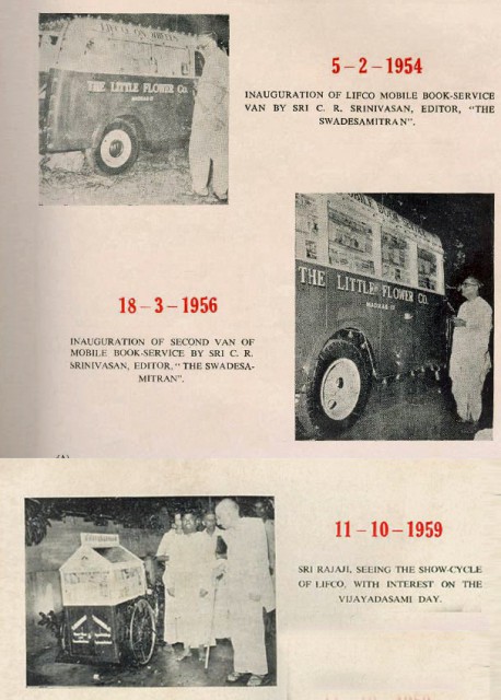 மேல் படம்: 1954யில் சுதேசமித்திரன் ஆசிரியர் சி.ஆர்.ஸ்ரீனிவாசன் லிப்கோவின் கூடுந்து புத்தக விற்பனைச் சேவையைத் தொடங்கி வைக்கிறார். கீழ் படம்: 1959யில் லிப்கோவின் மூன்று சக்கர புத்தக விற்பனைச் சேவையைத் பார்வையிடுகிறார்.