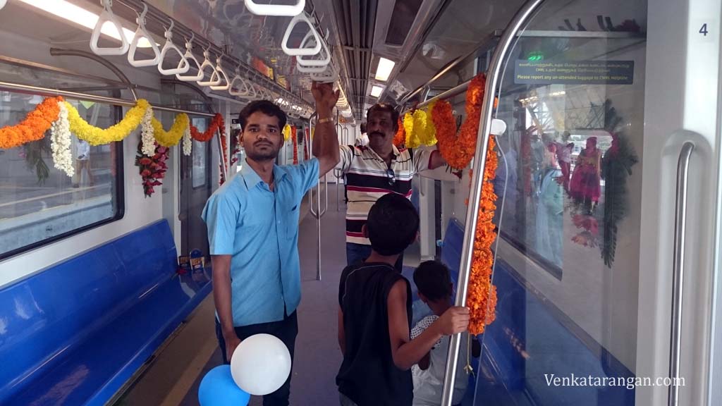 The coaches are bright, decorated with garlands. This picture is after people got down.