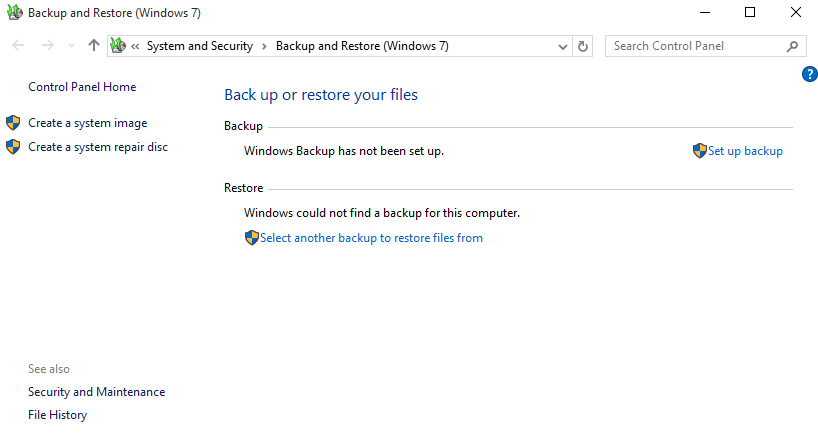 Backup and Restore files (Windows 7) is back in Windows 10