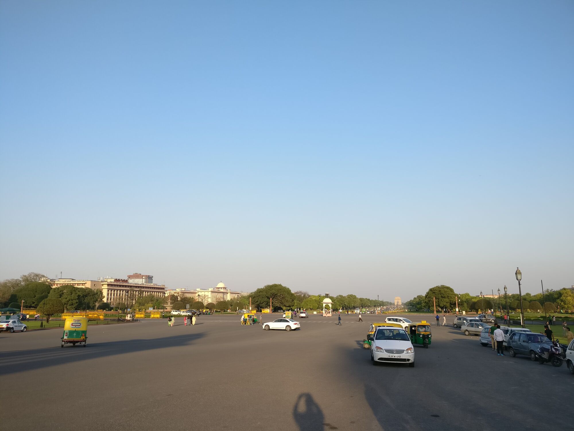 View of the Rajpath (ceremonial boulevard in New Delhi) from the Raisina Hillside, towards India Gate which is on the Eastern end of the Rajpath.