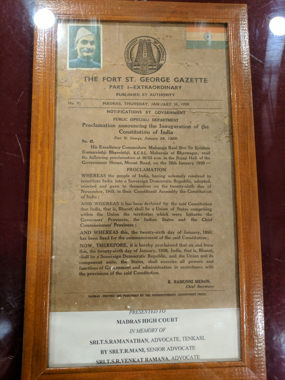Proclamation announcing the Inauguration of the Constitution of India in Fort St.George - January 26, 1950