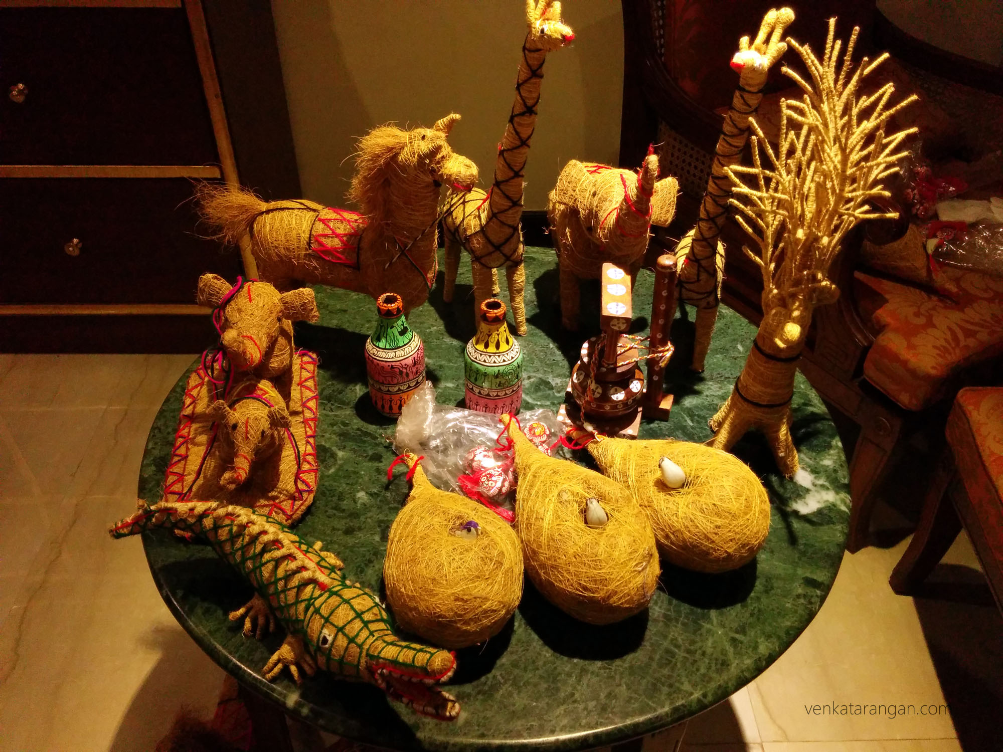 Replica of a crocodile, Elephants, Horses, Giraffe - all made with coconut stray