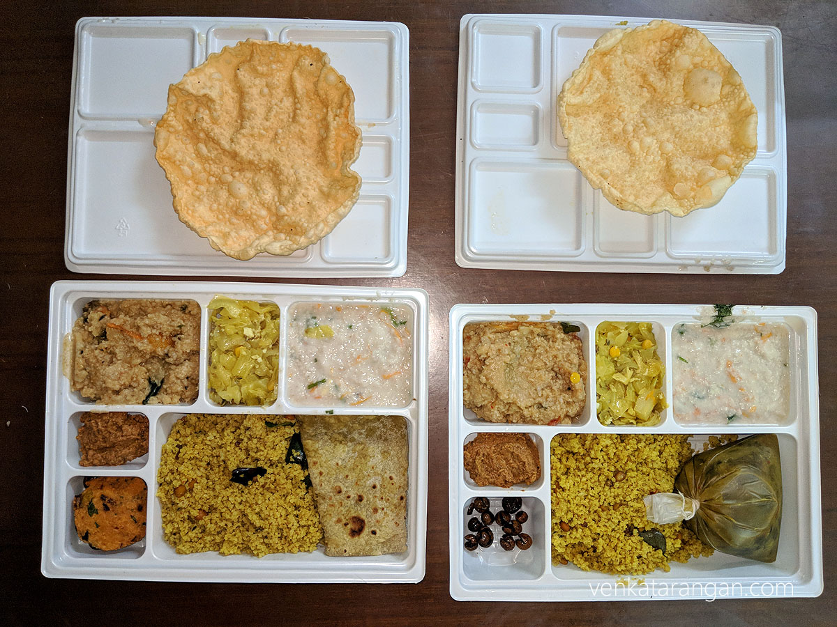 திருக்குறள் உணவகம் சிறுதானிய மீல்ஸ் - சாமை புதினா சோறு, குதிரைவாலி சாம்பார் சோறு, சுரக்காய் பொரியல், மனத்தக்காளி சப்பாத்தி, அப்பளம், குதிரைவாலி தயிர் சோறு