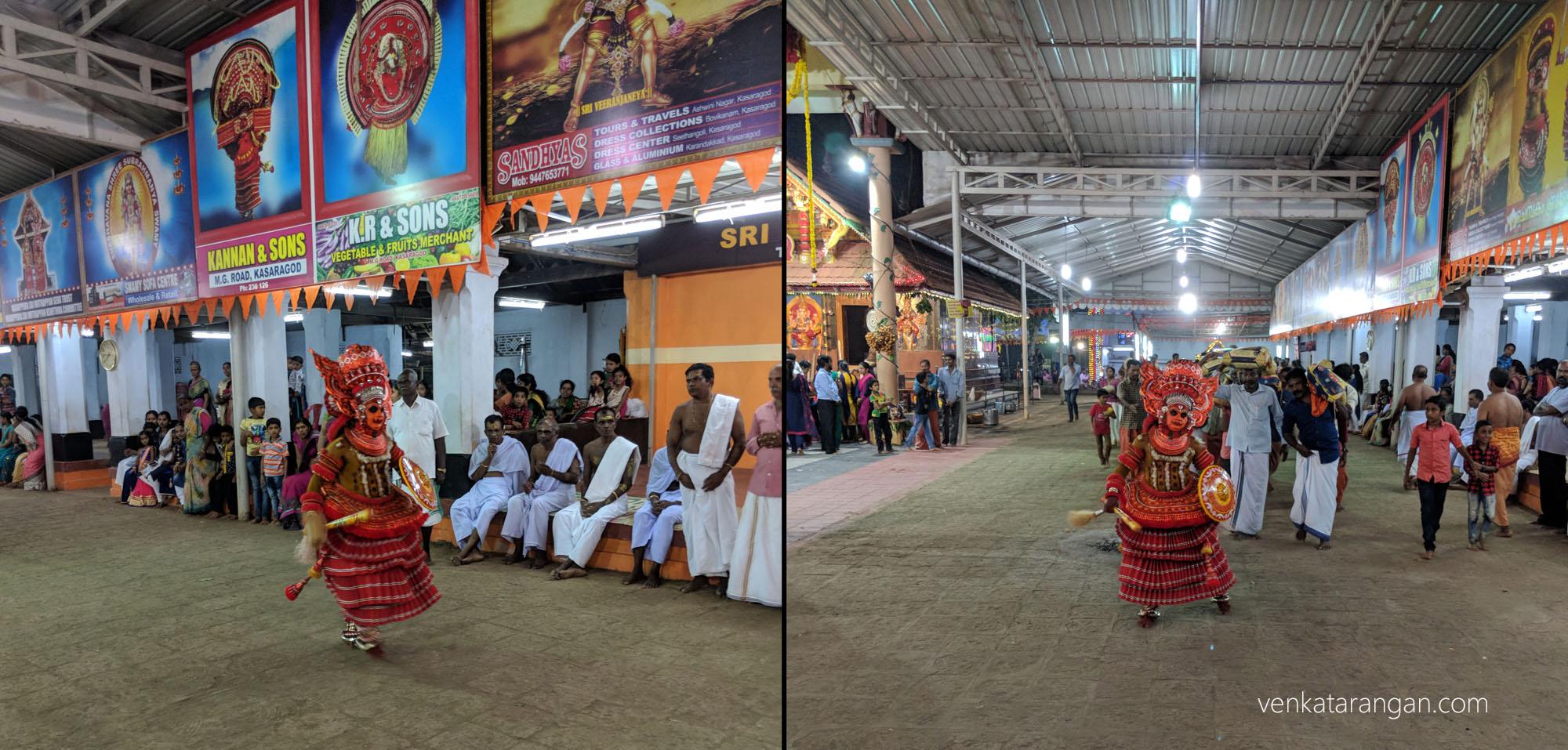 Vellattam performer coming around the temple with the devotees behind carrying their offerings to the Goddess