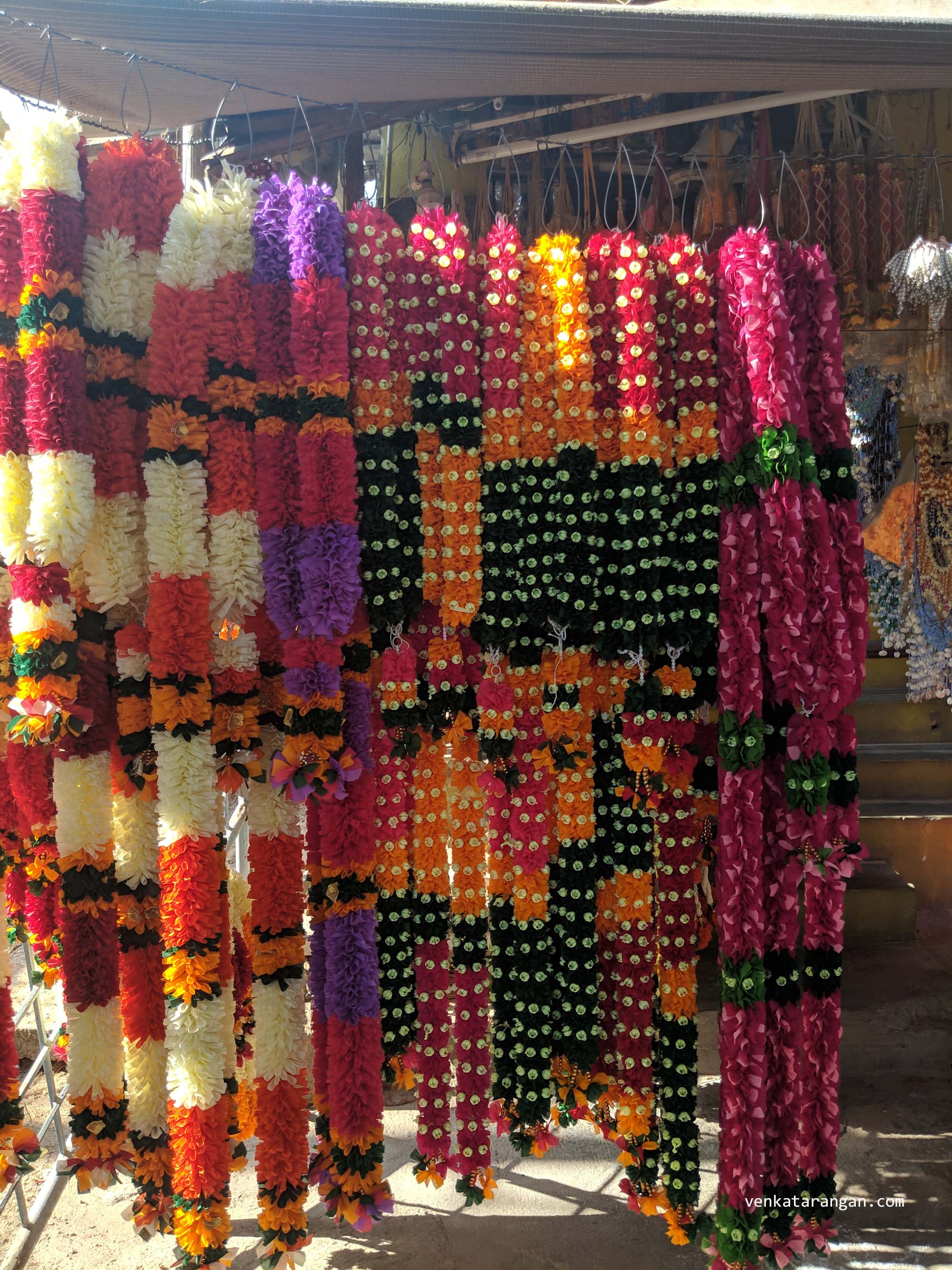Beautifully hand threaded flower garlands, waiting to be offered to the Goddess