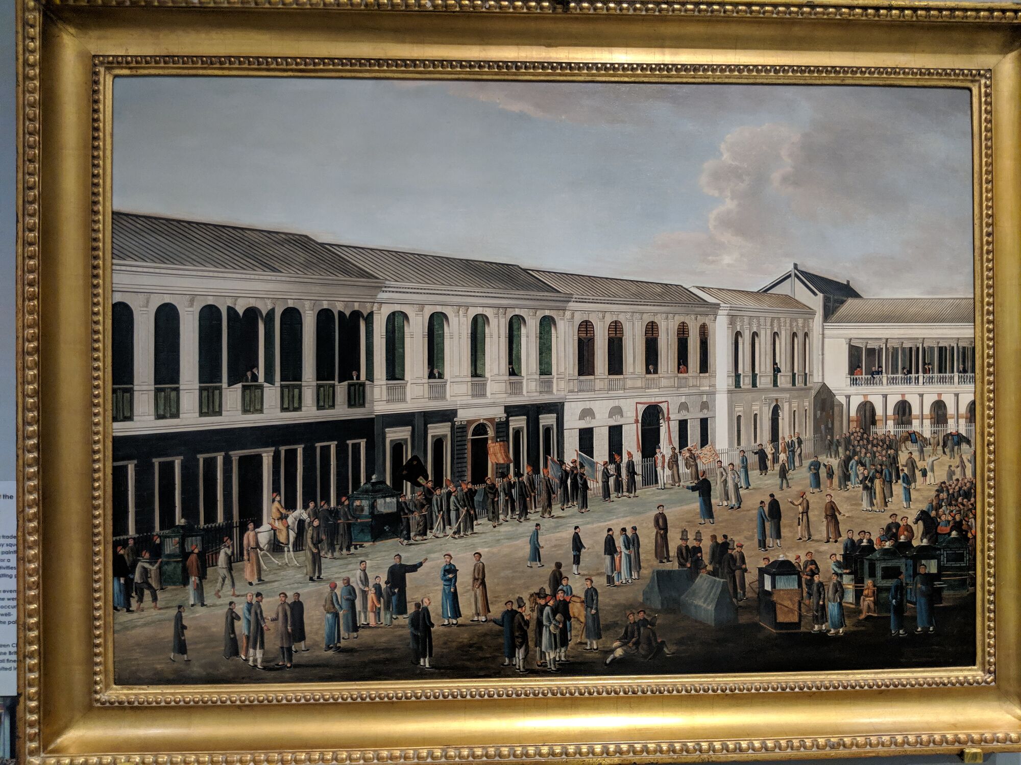 Officials assembling for a trial at the hongs of Canton, China, Guangzhou, around 1807 Oil on Canvas. It shows us some of the activities and dress of Chinese and foreigners in the bustling port.