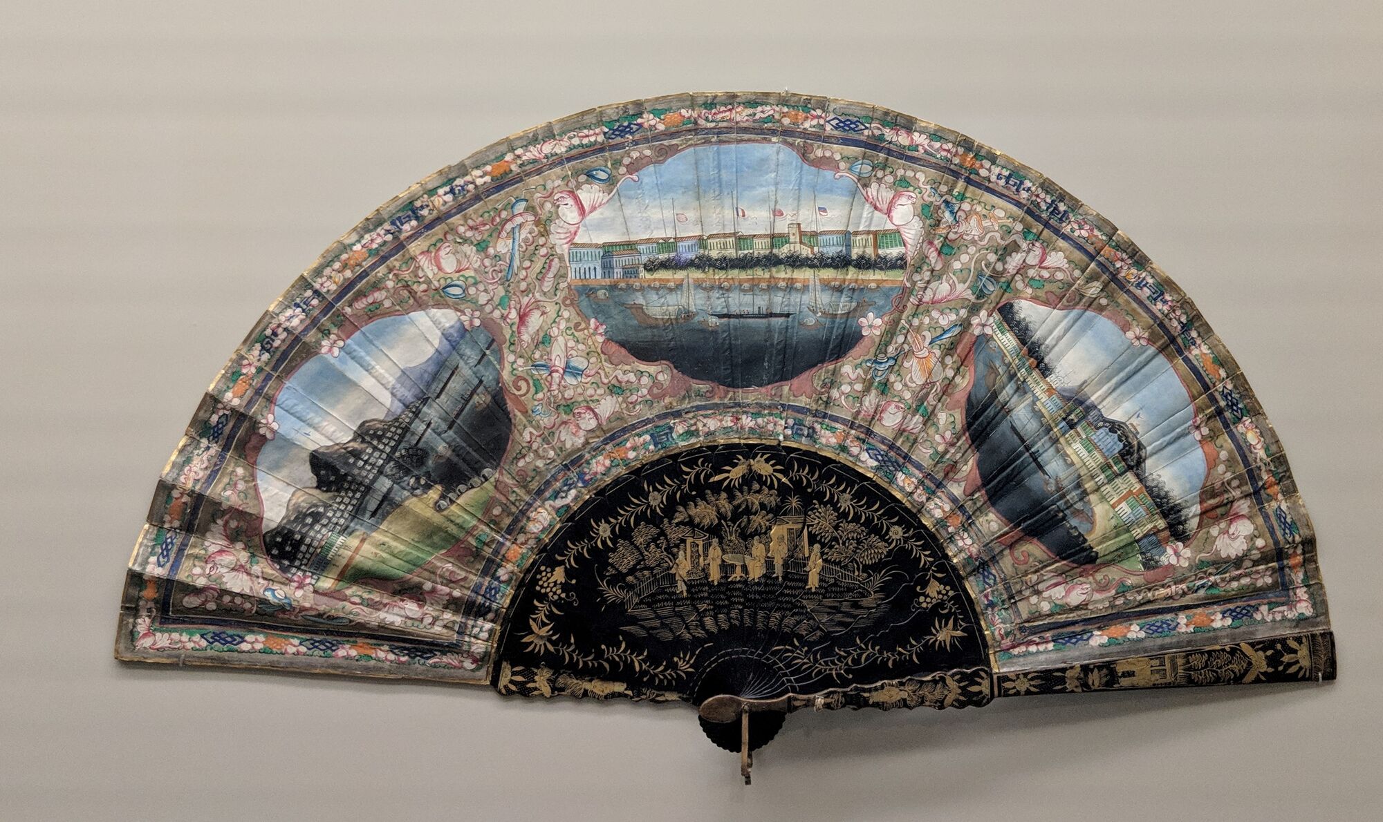 Fan with views of Hong Kong, Guangzhou and Macau, 19th century. Chinese fans were highly sought after in the West. 