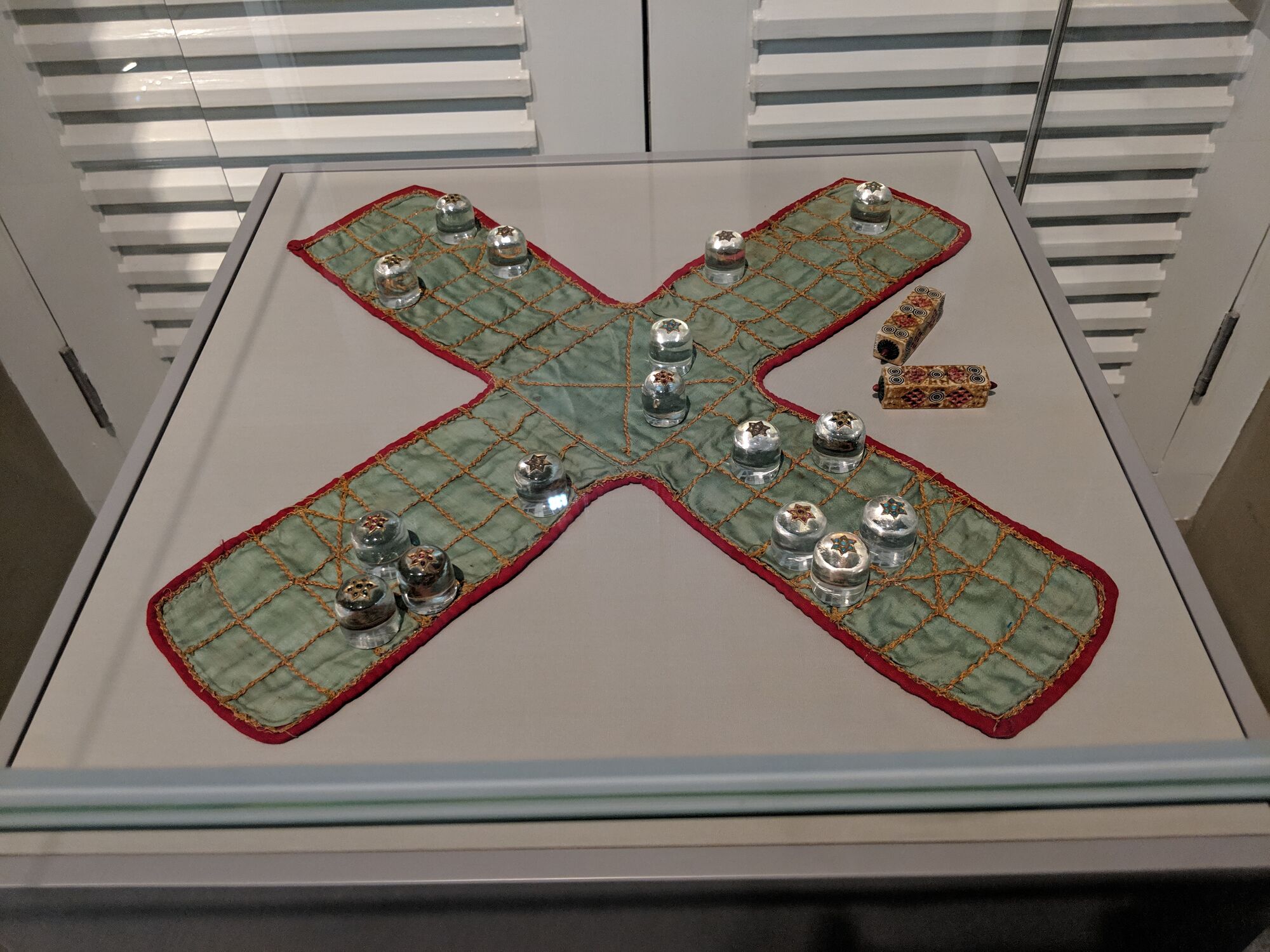 Pachisi set, Game Pieces, India 18th or 19th century, Rock crystal, gemstones, ivory, satin silk