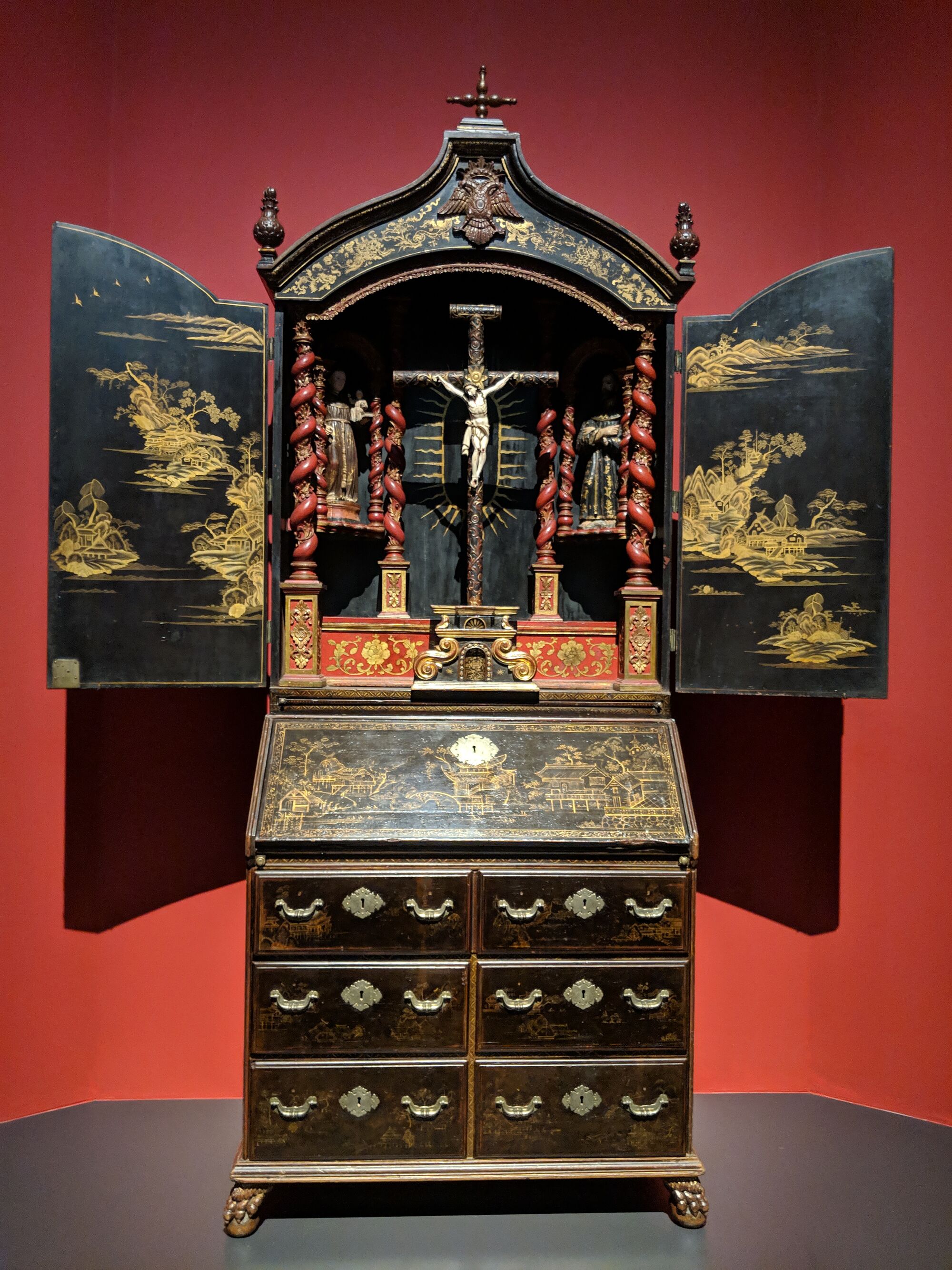 Bureau Shrine, China, 1730s & Ivory sculpture of Christ on the Cross: India, Goa, late 17th century. 