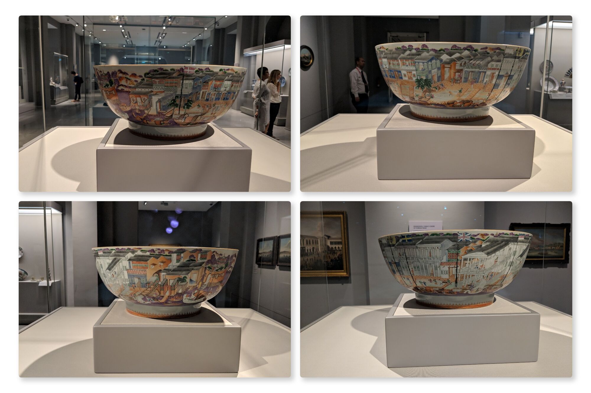Hong Bowl, China, around 1785, Porcelain. This large punch bowl is decorated with the lively waterfront of Guangzhou, with sailing ships and Western-style buildings flying colourful flags. 
