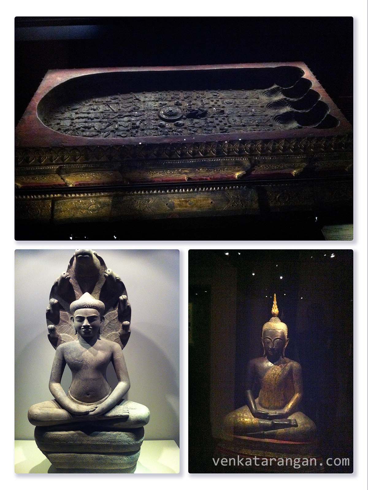 (Top) The Bronze Buddapada Thailand, Rattanakosin period, 19th century, Thailand. In the middle is a Dharmachakra (Wheel of Law), symbolic of Buddha's teachings. It is surrounded by the 108 symbols of good omens, animals of the horoscope and royal insignia. 