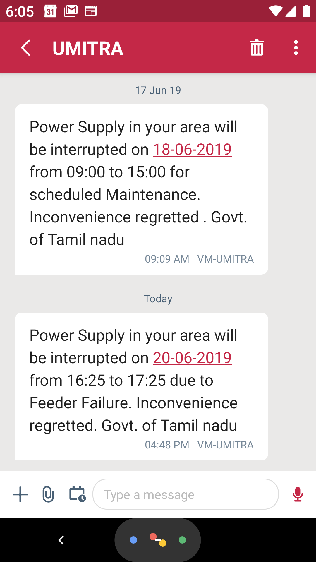 SMS from Tangedco