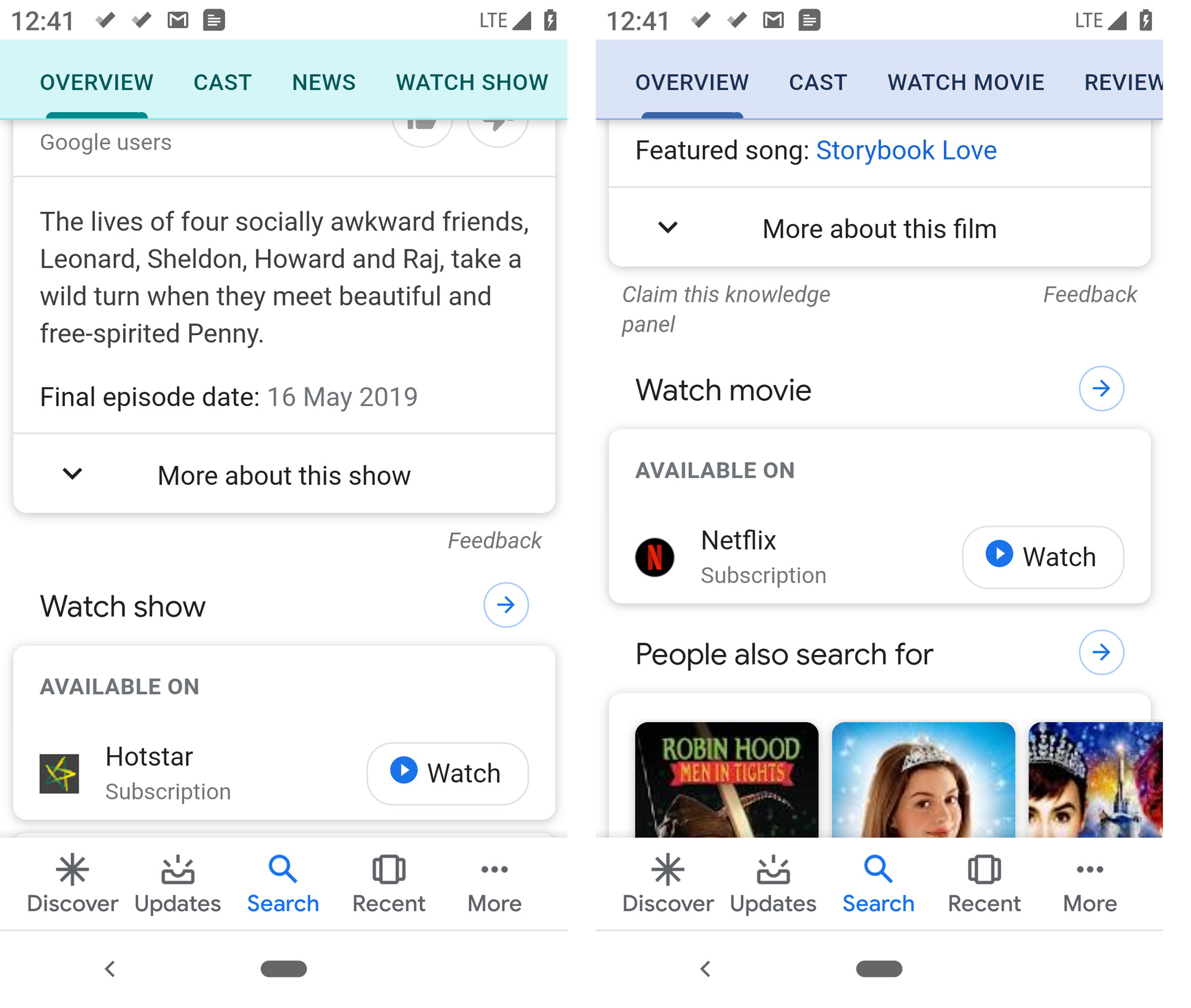 As seen on mobile - Google Search in India now include results from Hotstar (on the left) and Netflix (on the right)