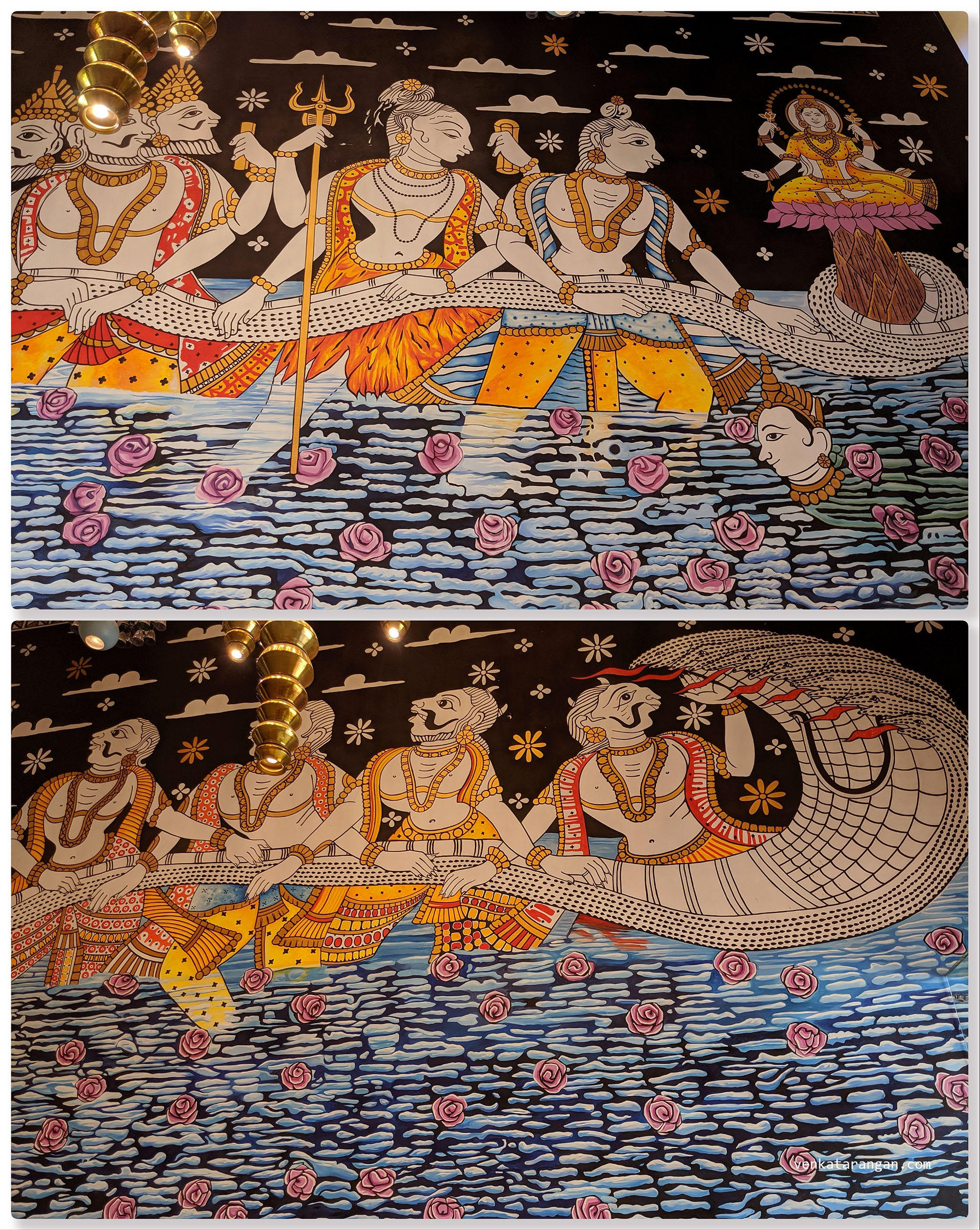 Dasavaratharam - 2. The Kurma can be seen near a water stream and in this painting that shows the act of Samudra Manthan that involved churning of cosmic ocean in the search for Amrut (the nectar of immortality)