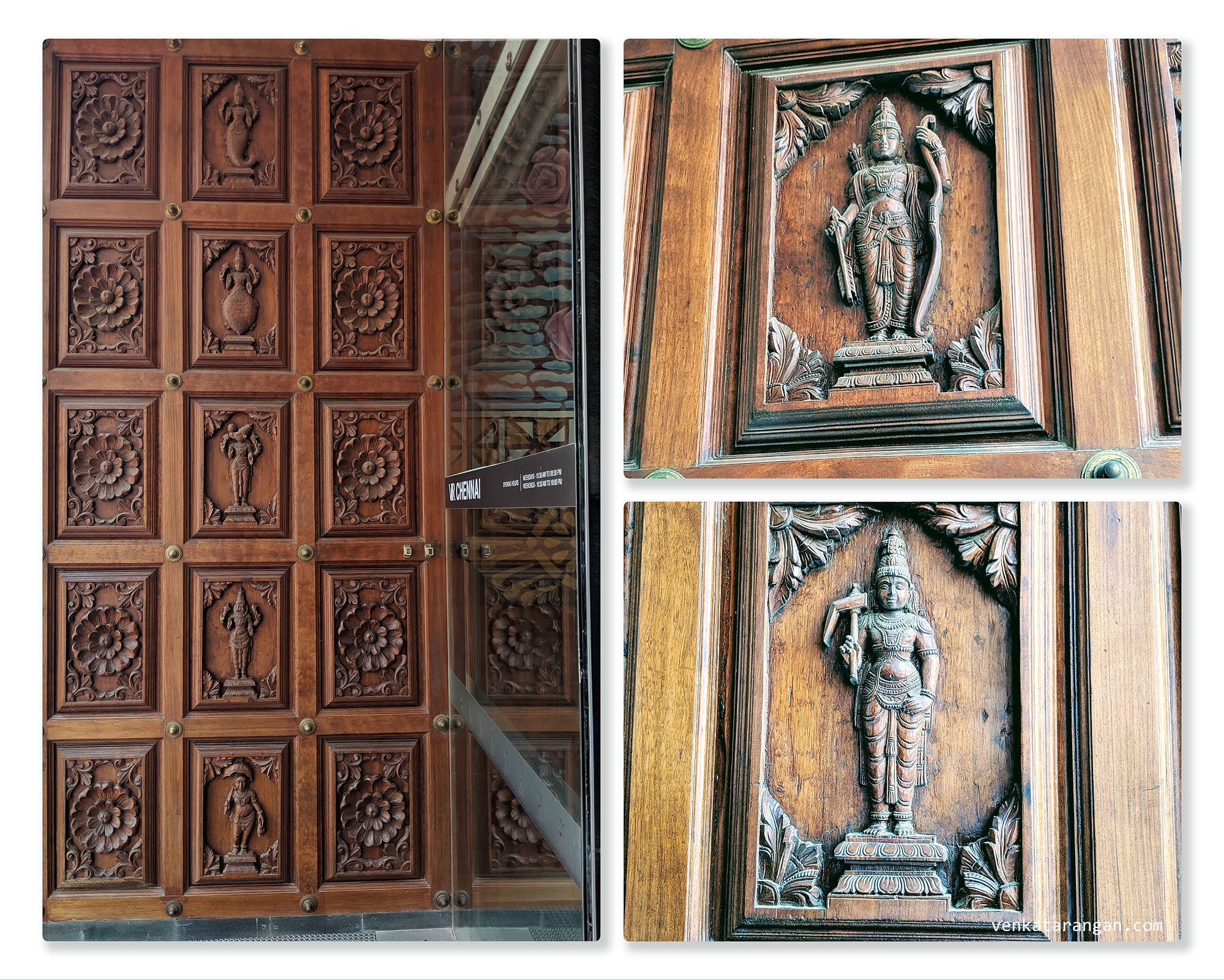 Dasavaratharam - 7. Lord Ram is represented by a hand-carved image on the main door as it is in the Ramaswamy Temple in Kumbakonam. The Temple was constructed by Govinda Dikshitar, Prime Minister of the Nayak Rulers in the 16th Century.