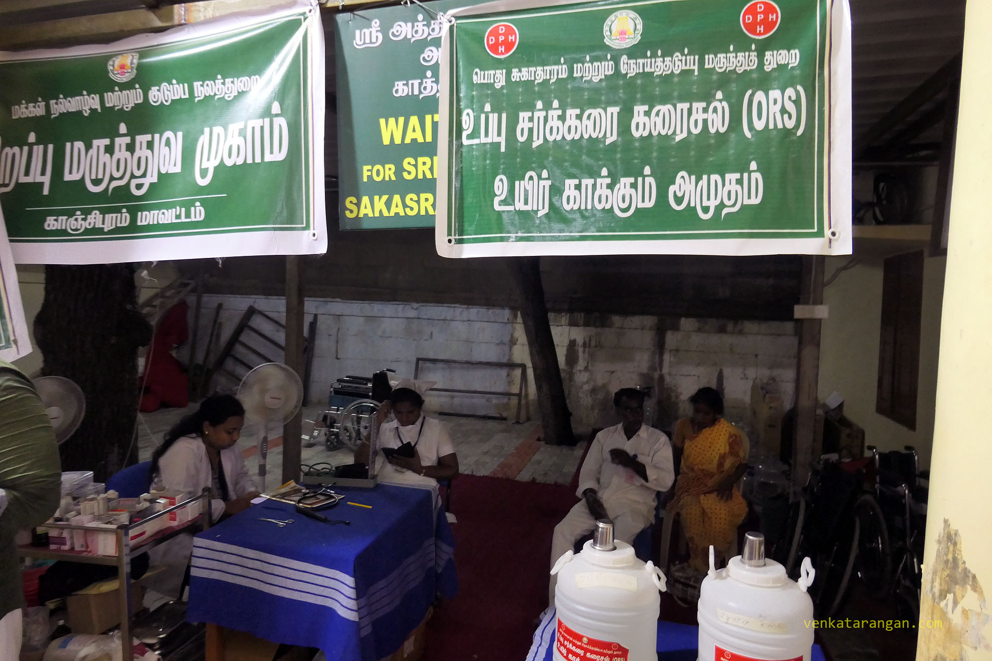 Emergency first aid camp inside the temple campus