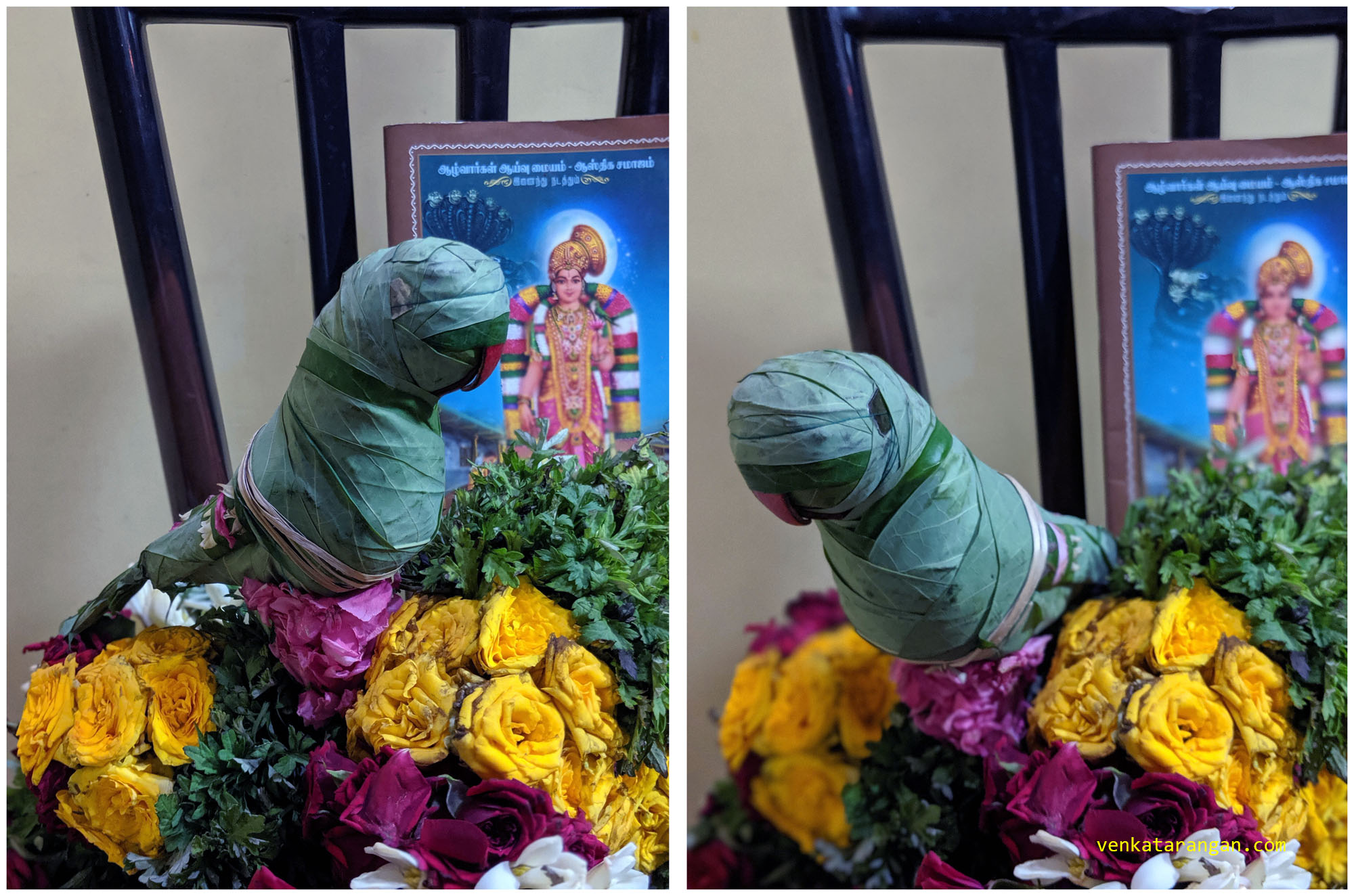 ஶ்ரீவில்லிபுத்தூர் ஆண்டாள் கோயில் பல வண்ண மாலை மற்றும் கையால் செய்யப்பட்ட இலைகளாலான கிளி -பார்க்க சேவிக்க கண் கோடி வேண்டும்.