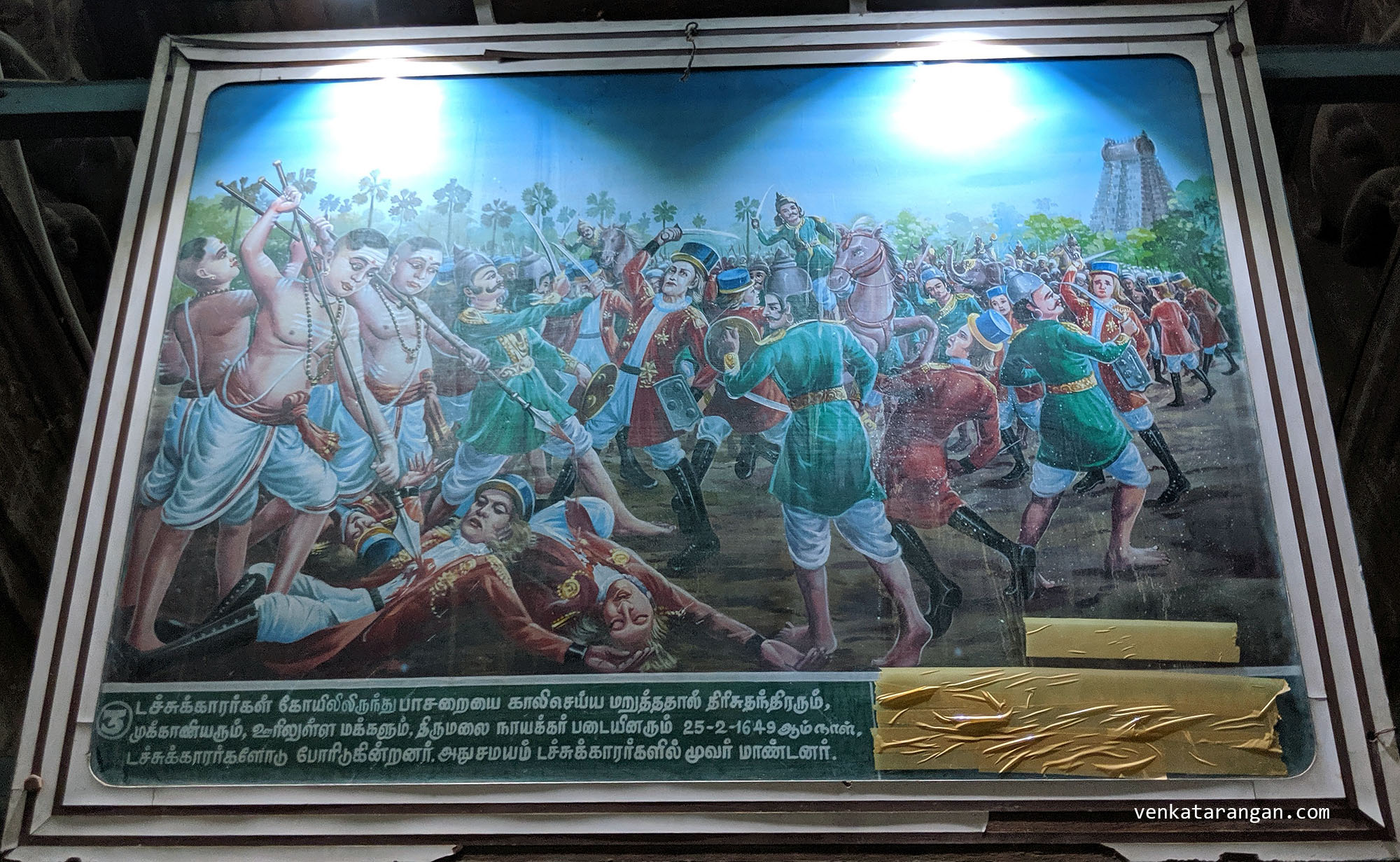 3. டச்சுக்காரர்கள் கோயிலில் இருந்து பாசறையைக் காலி செய்ய மறுத்ததால், திரிசுதந்திரரும், முக்காணியரும் ஊரிலுள்ள மக்களும், திருமலைநாயக்கர் படையினரும் 25-2-1649 ஆம் நாள் டச்சுக்காரர்கள் போரிடுகின்றனர் அதுசமயம் டச்சுக்காரர்களின் மூவர் மாண்டனர். [3.Following this, on the 25-2-1649, the locals along with the troop of Thirumalai Nayak fought against the Dutch and in the conflict three of the Dutch got killed.]