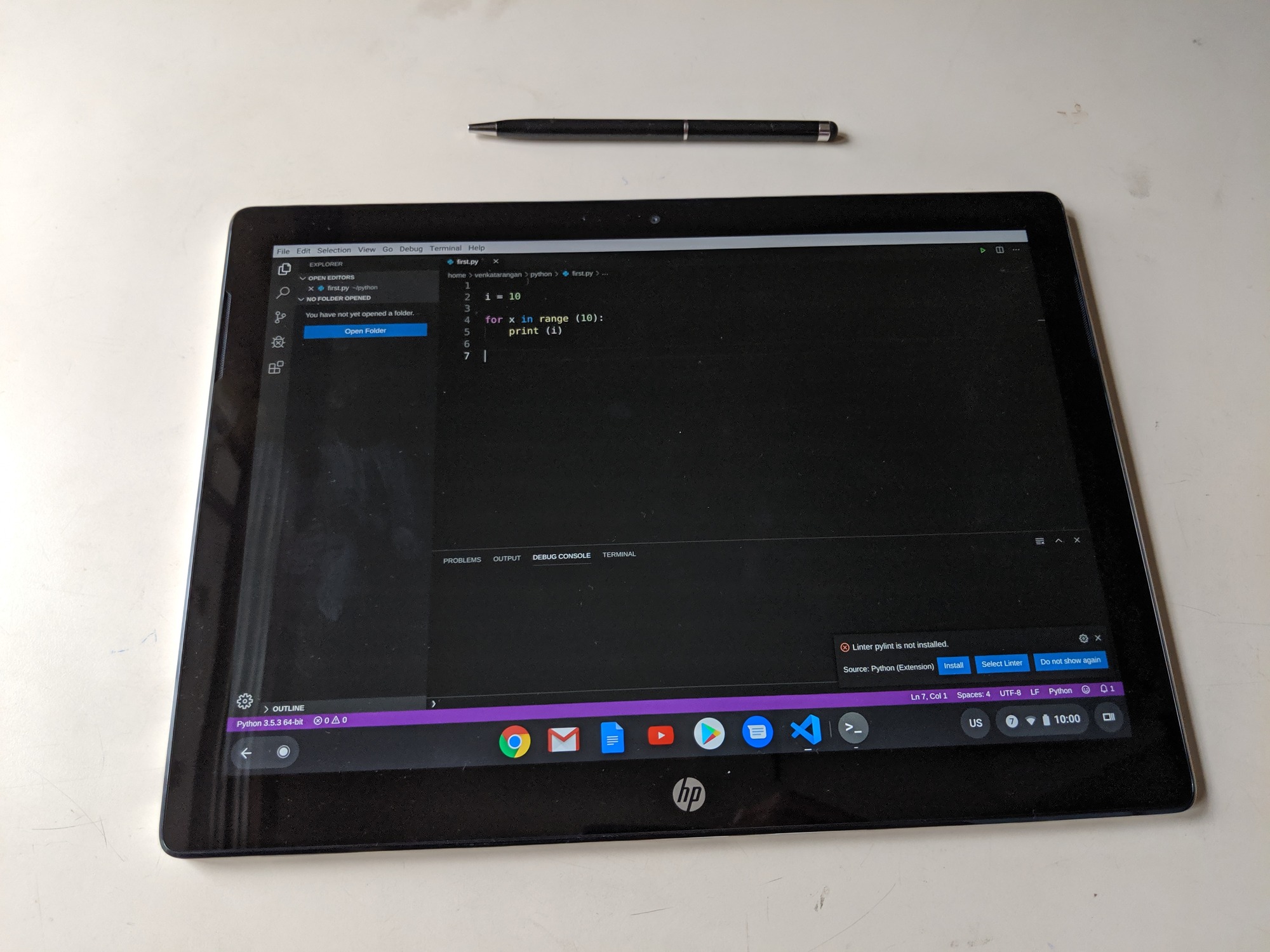 Visual Studio Code running a Python code on HP Chromebook x2