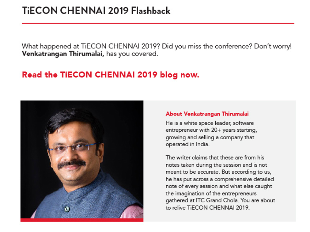 From TiE Chennai Newsletter that went out on the 17 December 2019