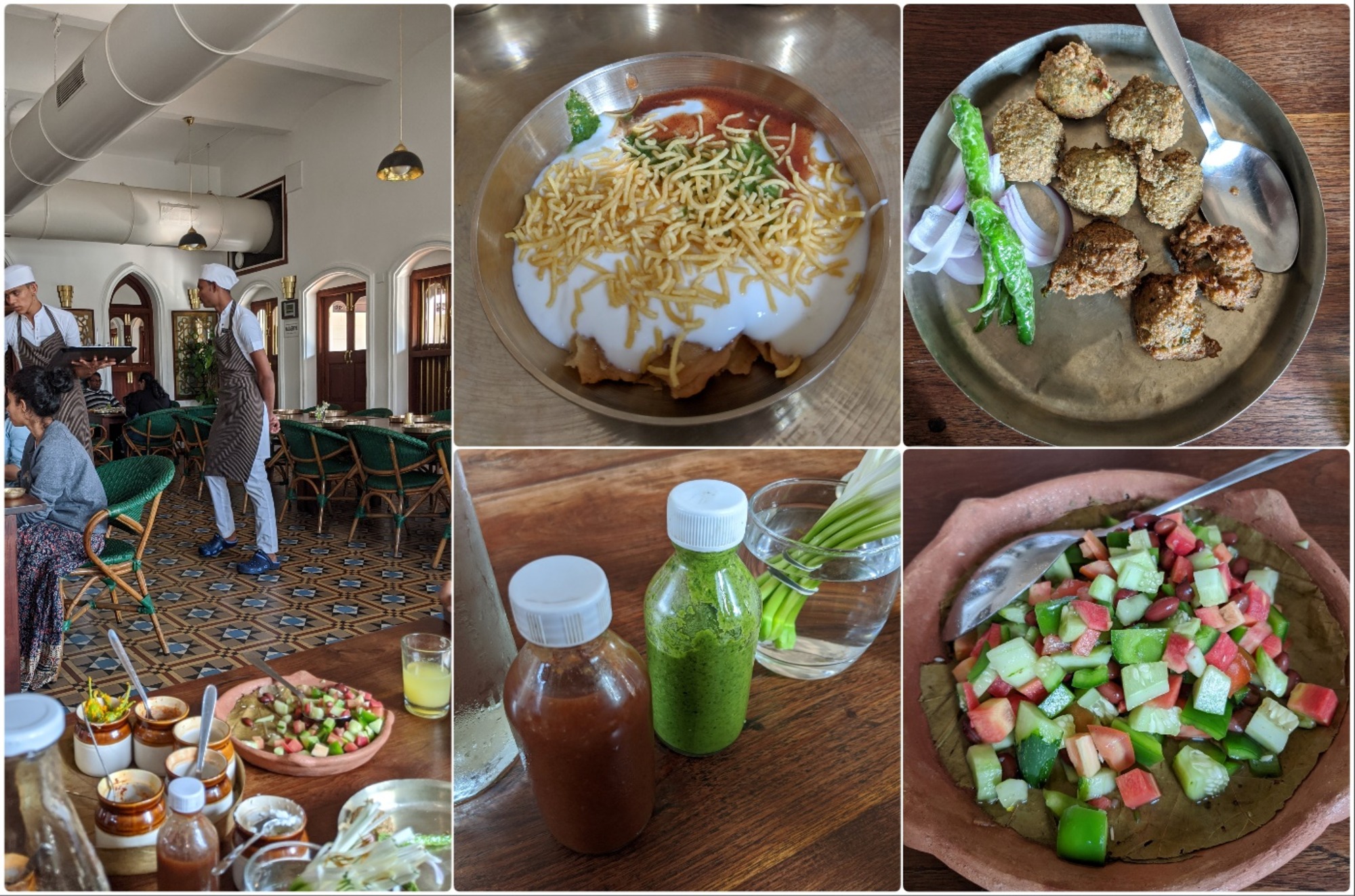 The helpful waiters - a variety of snacks, chutneys are served on small glass bottles and green salad 