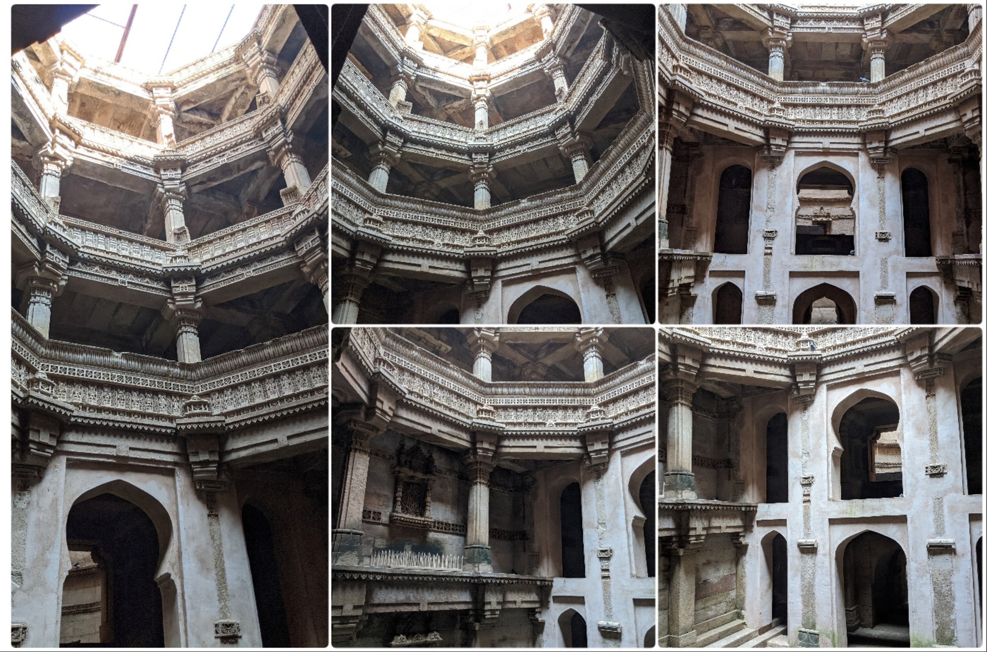 Above the square floor, columns, beams, wall and arched openings spiral around; a feature that continues to the top. The top part of the well, however, is a vertical space open to the sky