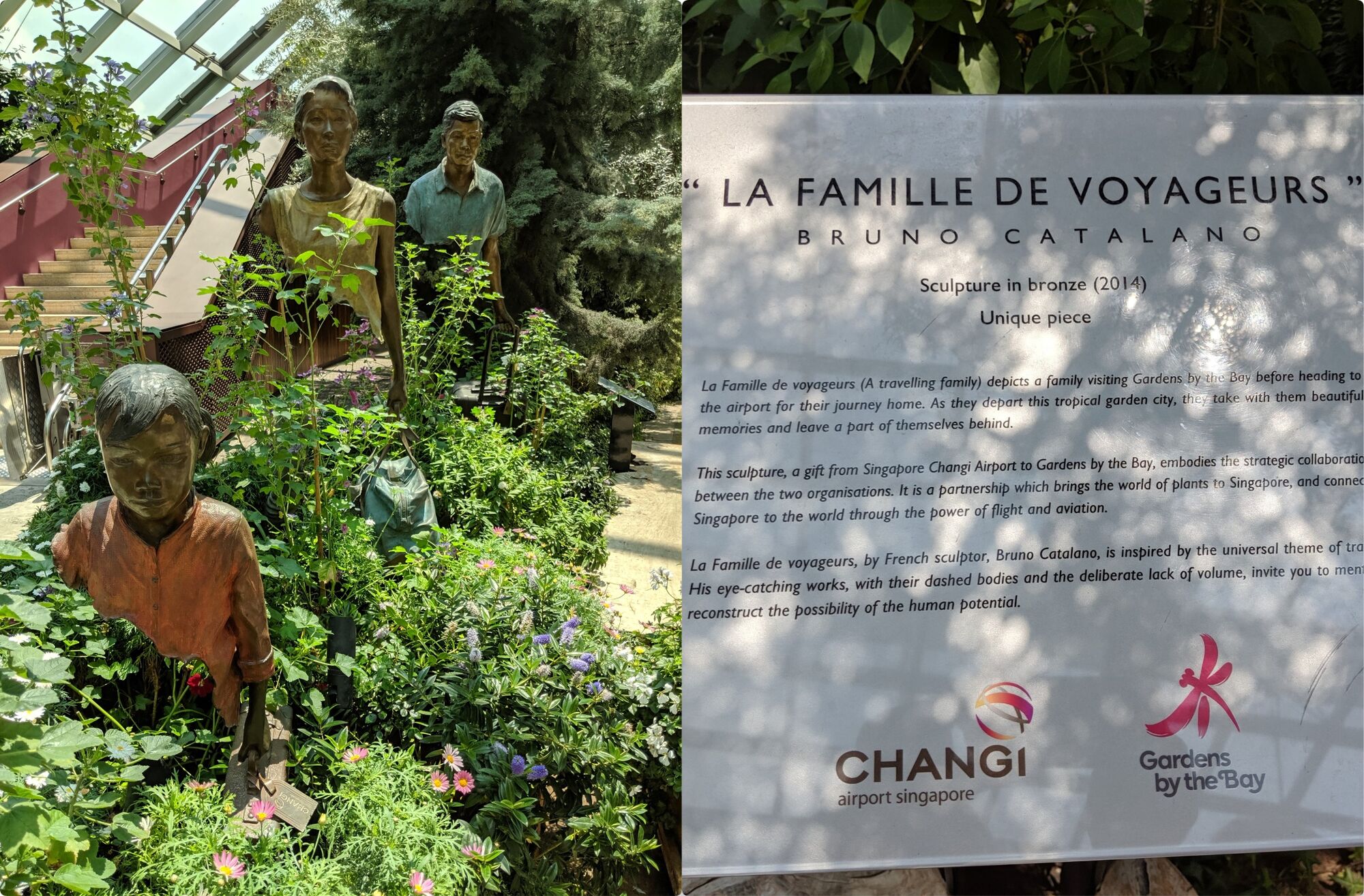 A travelling family (La Famille De Voyageurs) display. The sculpture a gift from Changi Airport depicts a family before heading to the airport. 
