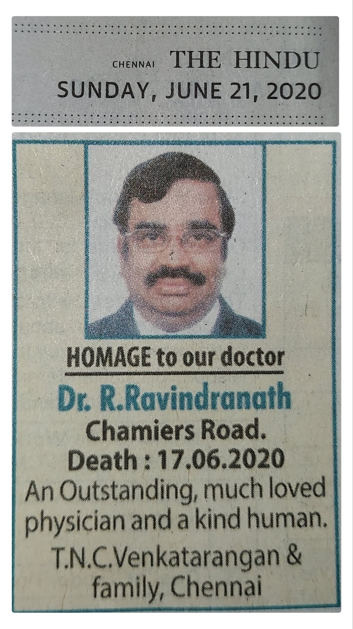 Homage to our doctor - Appeared on The Hindu Newspaper on 21st June 2020.