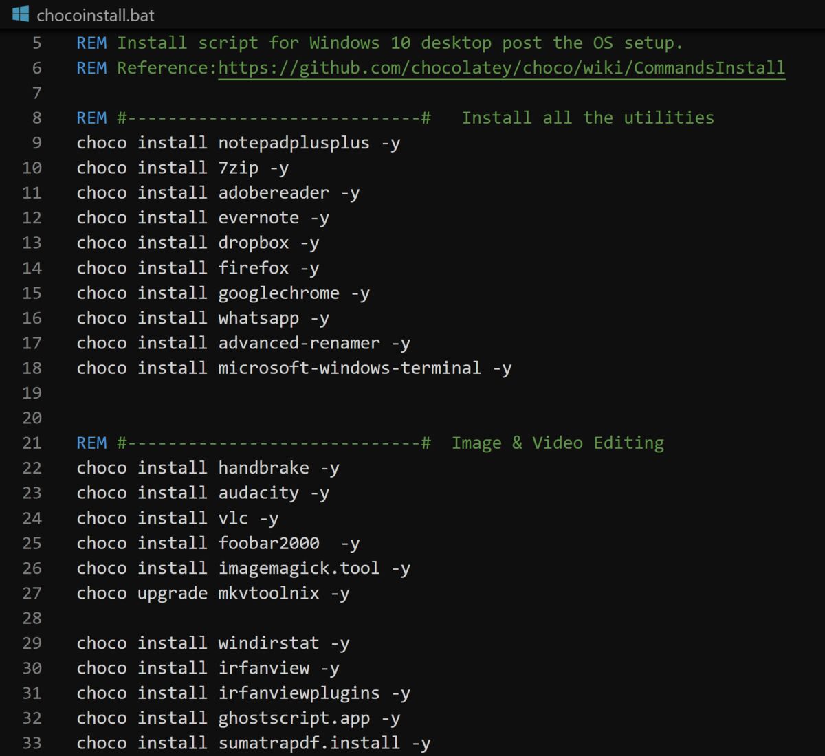 Chocolatey script for installing apps in Windows 10