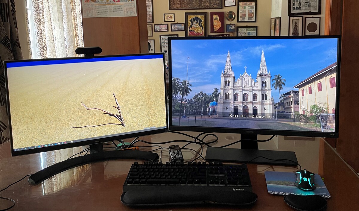 On the right side is the BenQ 32 inches 4K HDR monitor. To its left is LG 27 inches 4K monitor that I have been using for the last four years. 