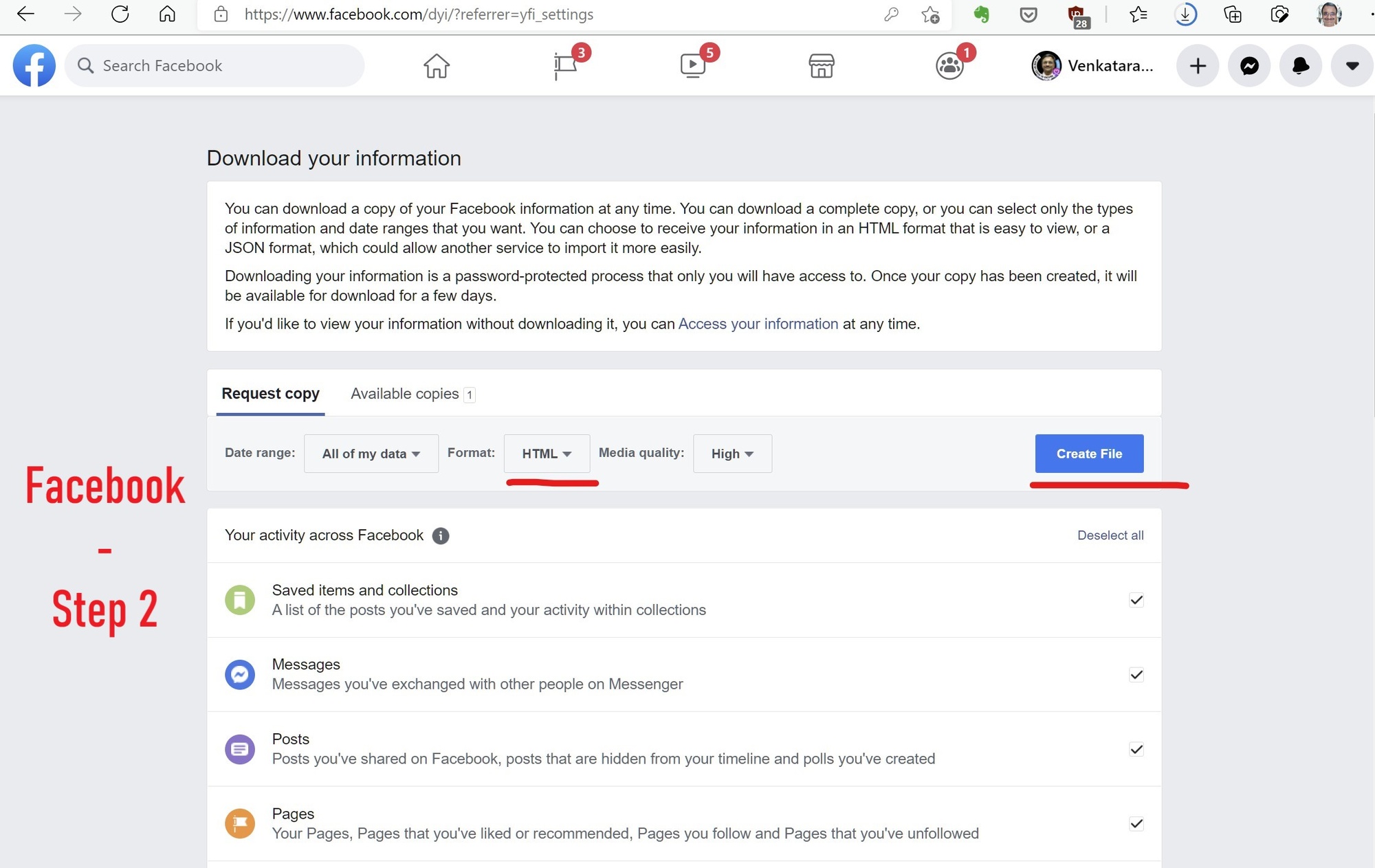 Facebook Page (Step 2) that gives you options between HTML or JSON file formats