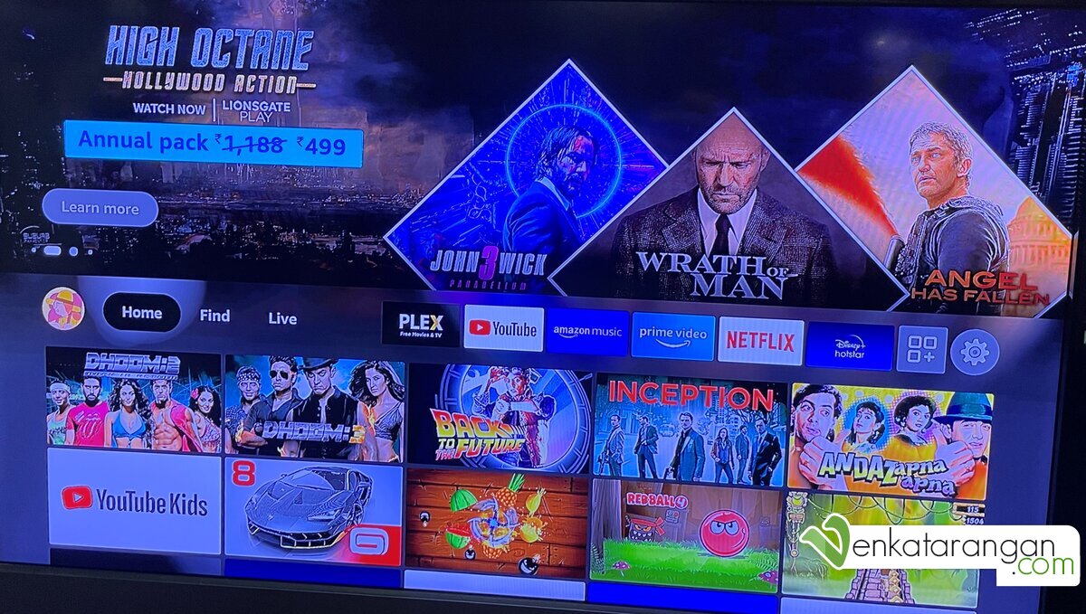 On start, the device greets you with the familiar smart-TV (Google TV) interface showing the apps you have installed and the popular contents from them.