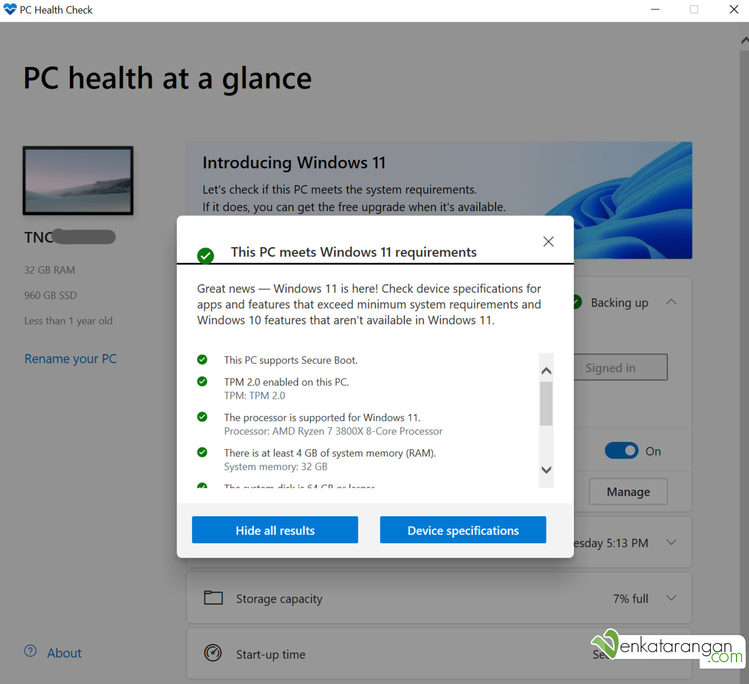 After enabling TPM and Secure Boot in the mother board BIOS, PC Health Check passed with flying colours (Note: This screenshot was taken in Windows 11 but it was the same I saw in Windows 10)