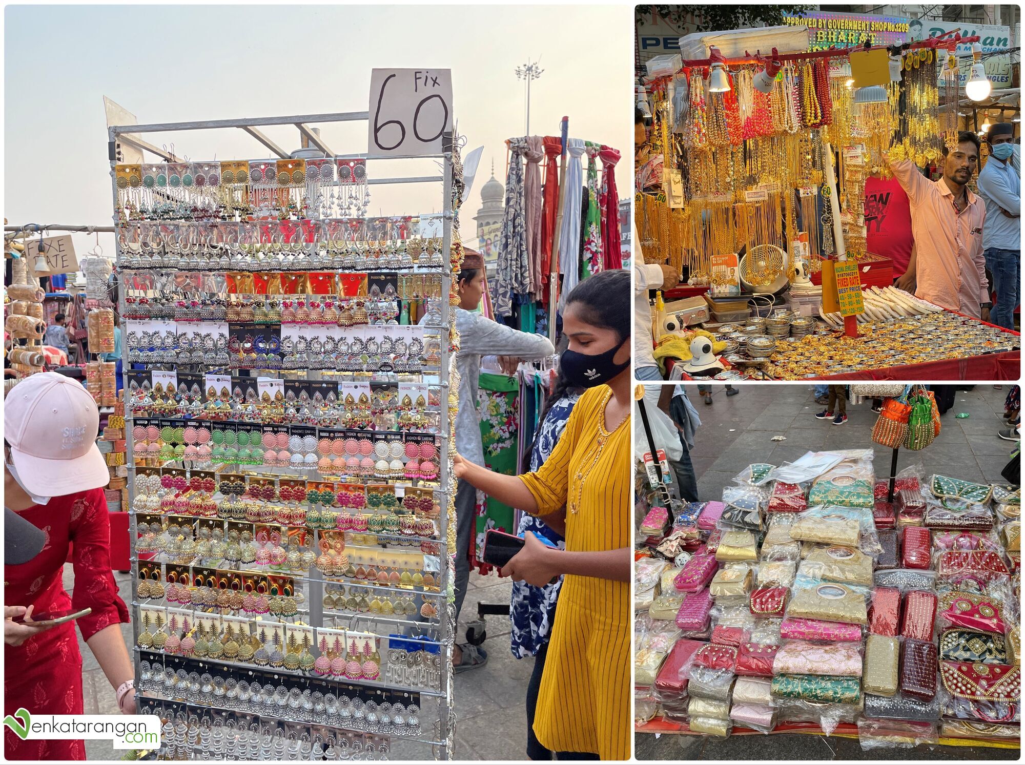 Shops near Charminar selling earrings, necklaces, and women handbags