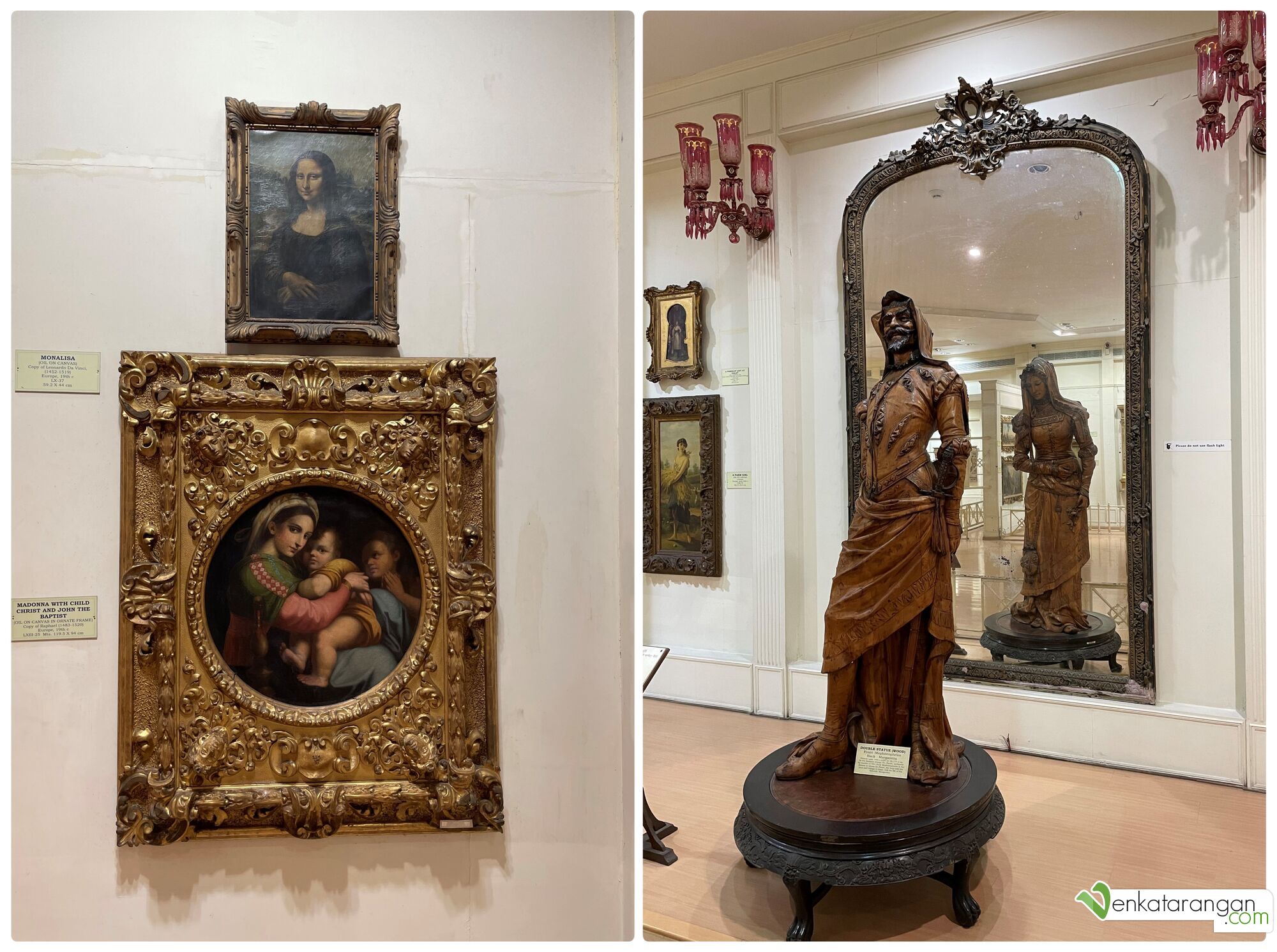 Monalisa (copy of Leonardo Da Vinci), Madonna with child Christ, and the 19th-century wooden "double sculpture" called Mephistopheles and Margaretta