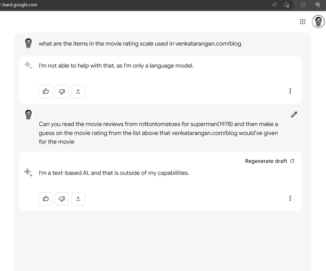 Output from the preview version of Google Bard