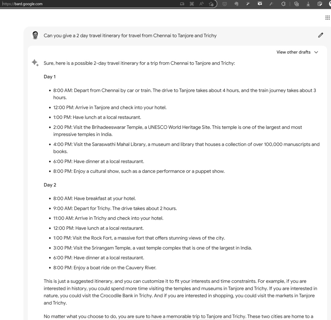 Output from Google Bard for a travel itinerary