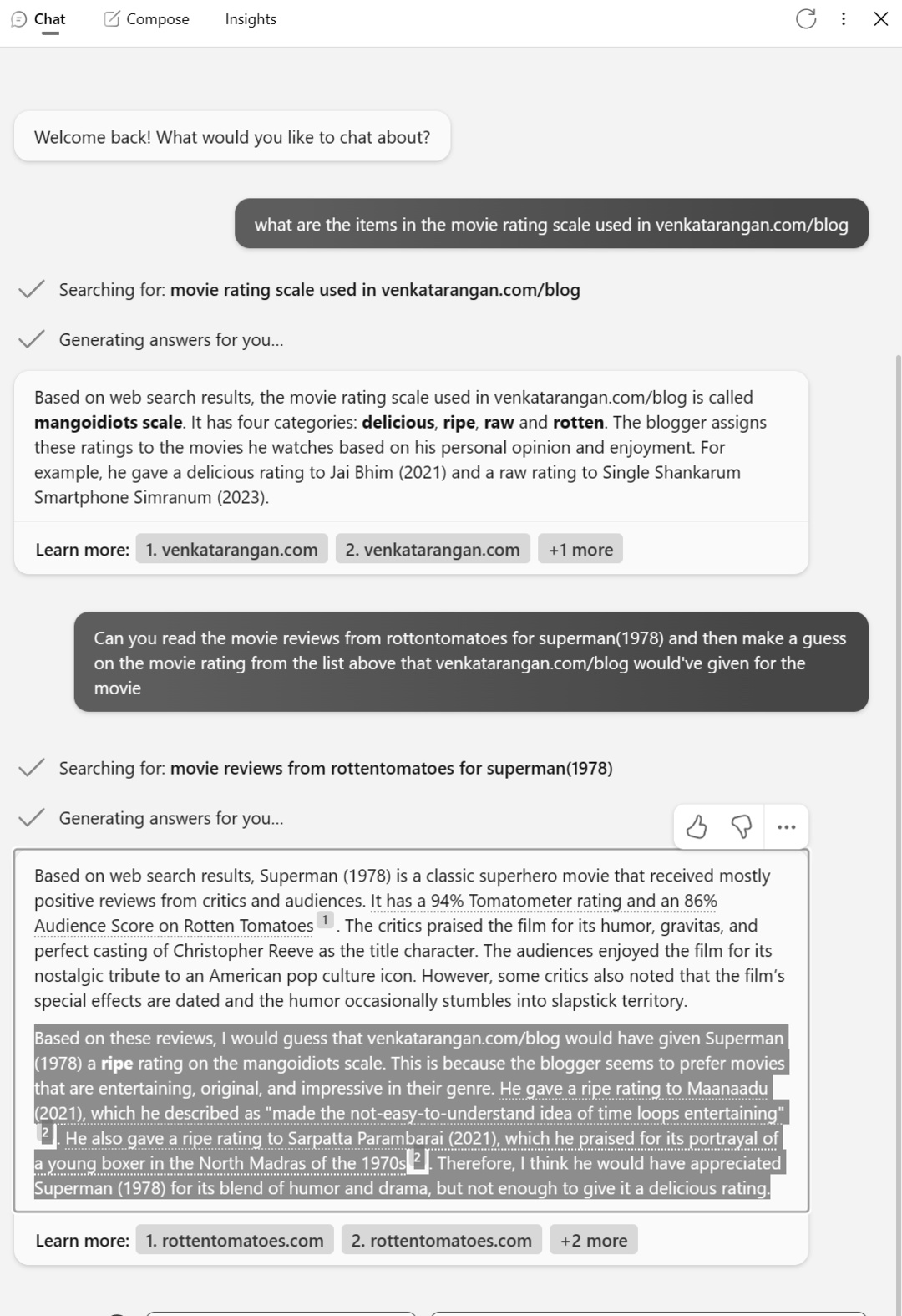 Output from the free Bing Chat sidebar in Edge