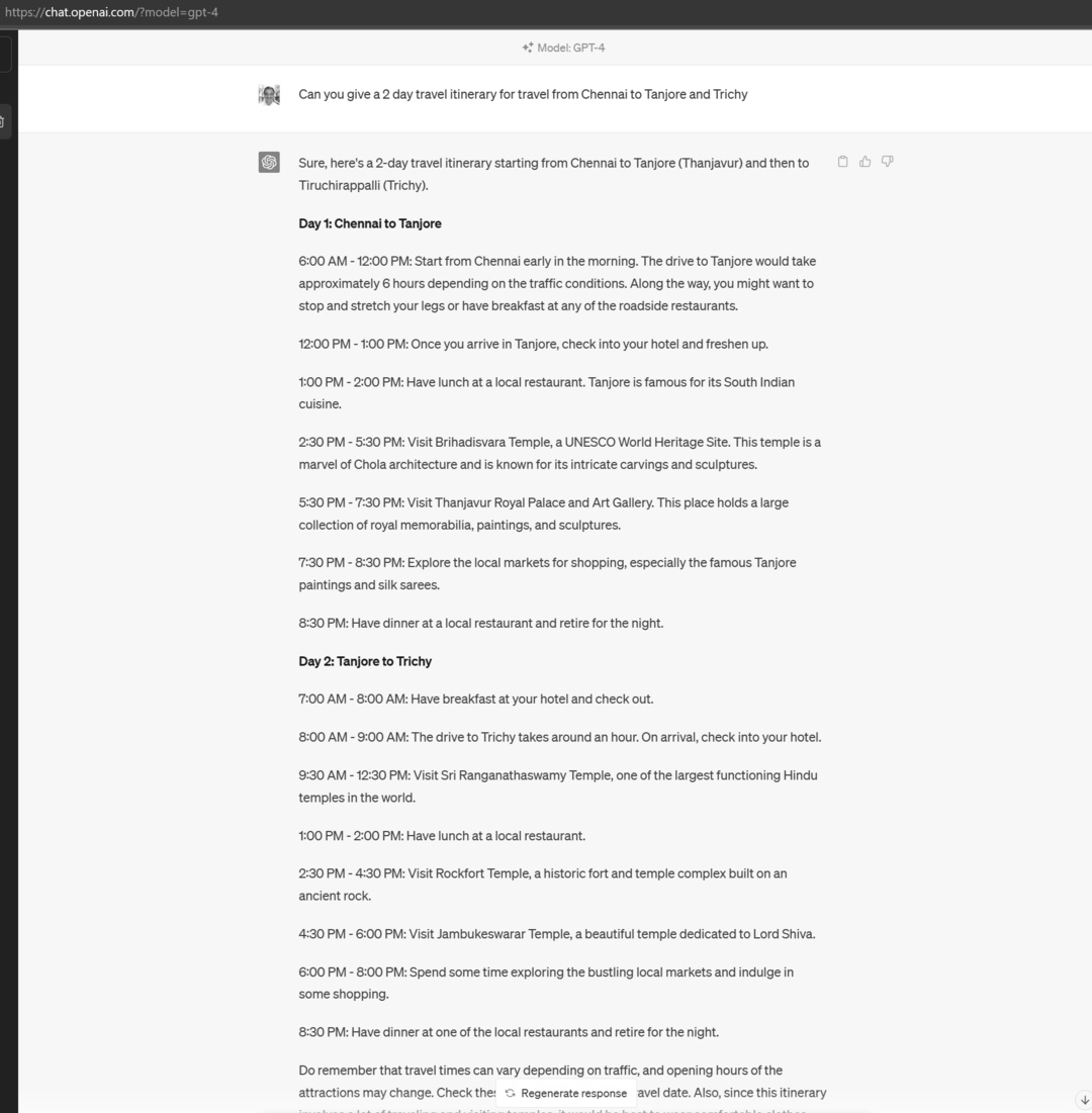 Output from ChatGPT4 for a travel itinerary