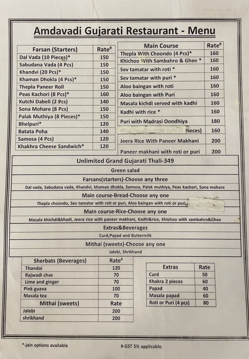 Amdavadi Gujarati Restaurant, Chennai - Menu