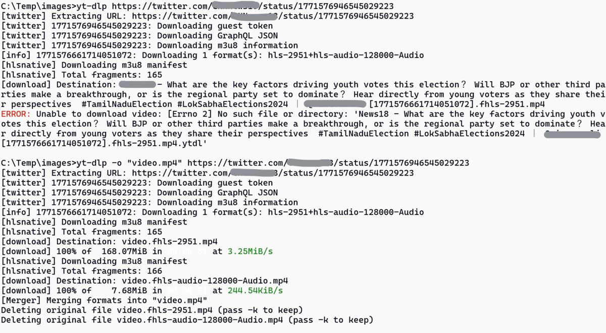 Using a shorter output filename with yt-dlp solved a problem with downloading a twitter video