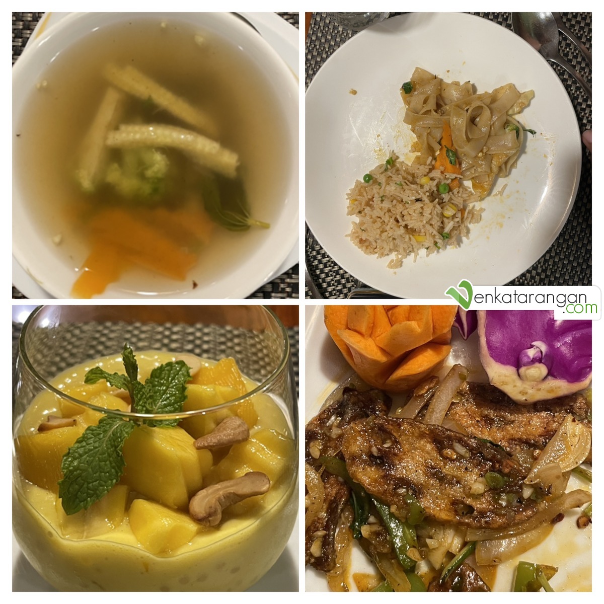 Thai Veg Soup, Fried Rice, Garlic Flat Noodles, Lotus Stem and Mango Puree