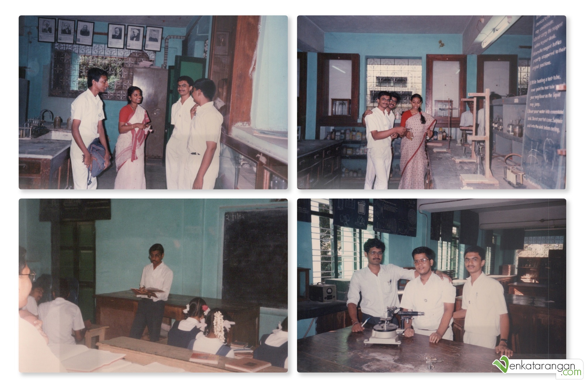 (Clockwise) Lab, Chemistry Lab and Mrs Indira, Classroom with Mr Pe Ki Pa, and Physics Lab