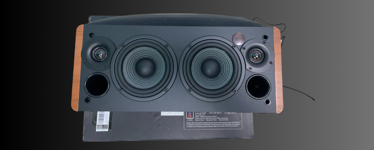 Edifier D12 Integrated Stereo Speakers with the front grill removed